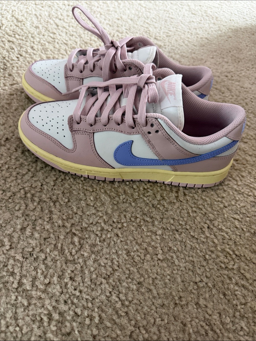 Nike Dunk Low Pastel Pink with Blue Swoosh and Yellow Midsole